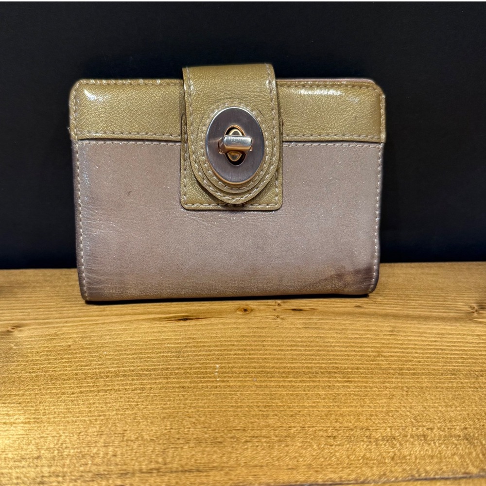 Coach Metallic Leather Turnlock Bifold Wallet Champagne Taupe Zip Coin Pocket